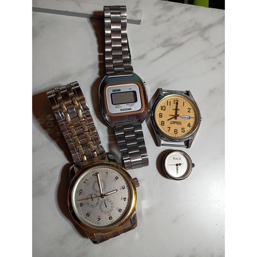 Vtg Watch Lot Medana Digital Lorus Lumibrite John Wind Maximal Art 4pc Bundle